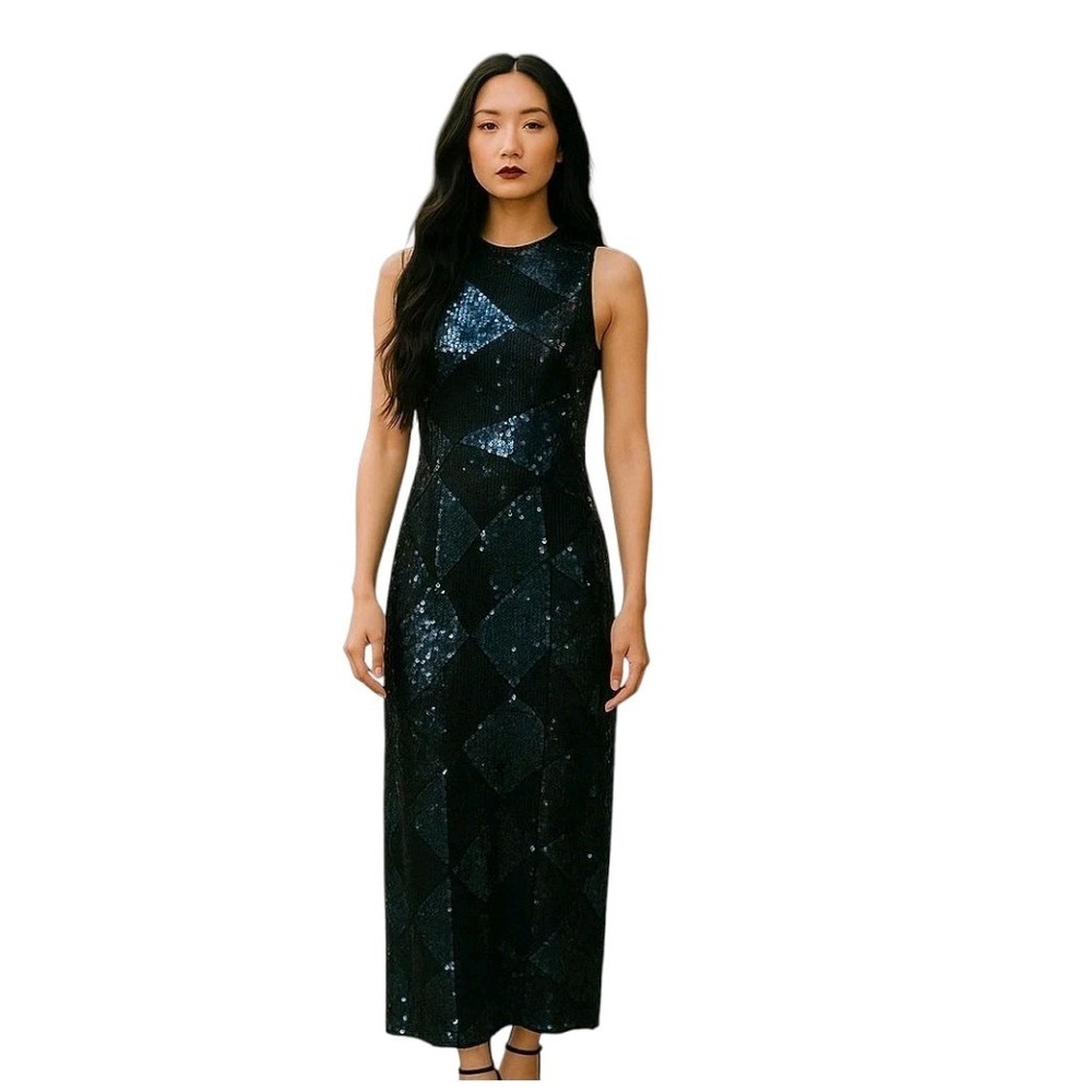 Vintage Adrianna Papell Black Sequin Maxi Dress
